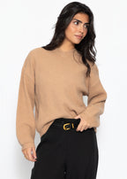 Pull en maille côtelée avec un col en V haut - marron clair