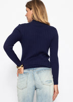 Pull en maille côtelée avec col montant - bleu marine