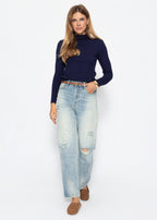 Pull en maille côtelée avec col montant - bleu marine