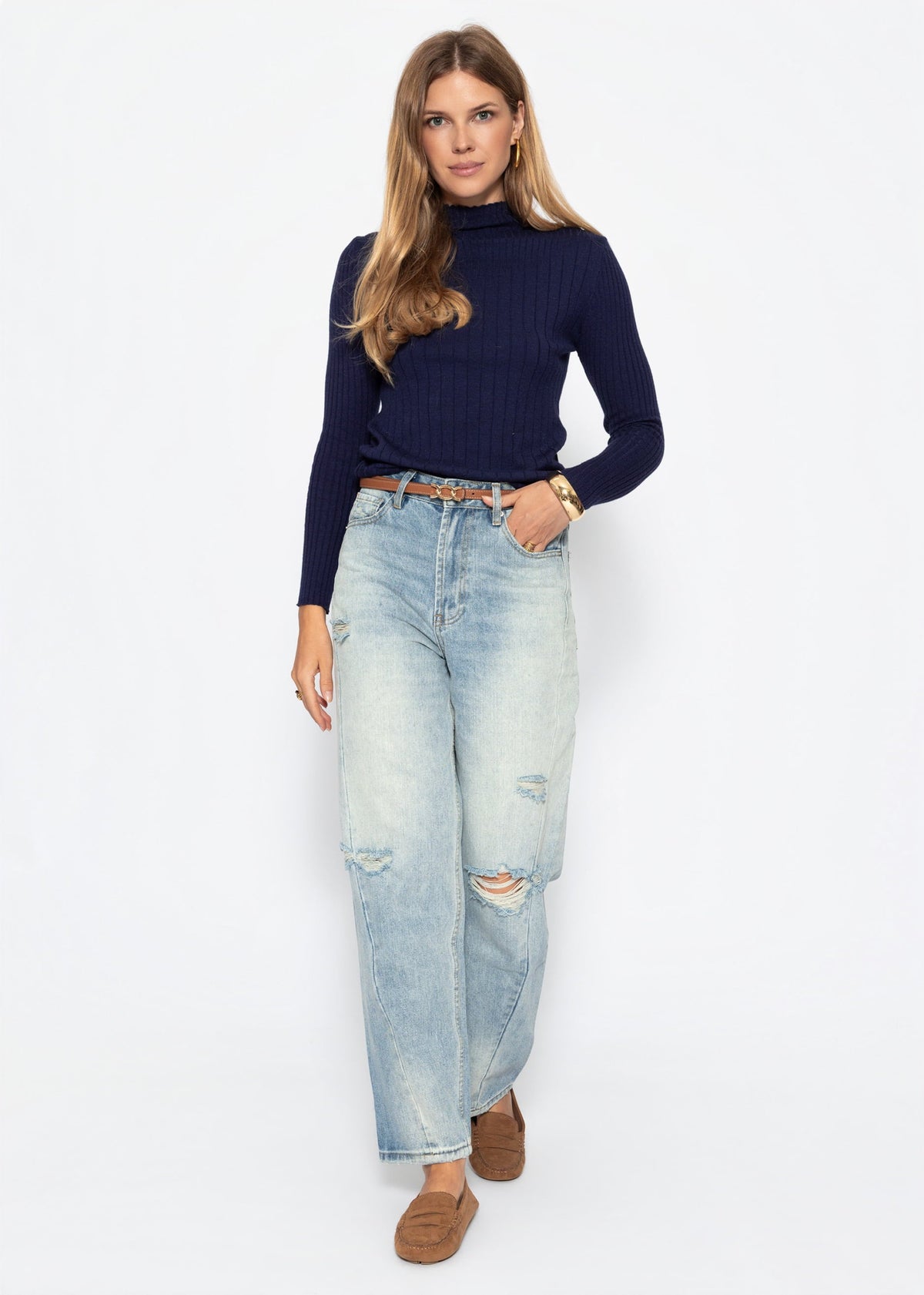 Pull en maille côtelée avec col montant - bleu marine
