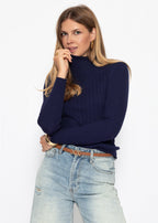Pull en maille côtelée avec col montant - bleu marine