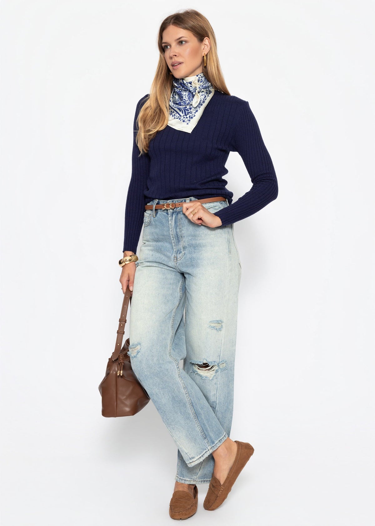 Pull en maille côtelée avec col montant - bleu marine