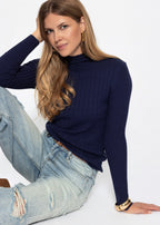 Pull en maille côtelée avec col montant - bleu marine