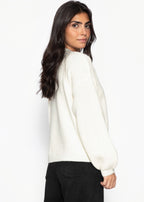 Pull en maille côtelée avec décolleté en V haut - blanc cassé