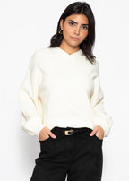 Pull en maille côtelée avec décolleté en V haut - blanc cassé