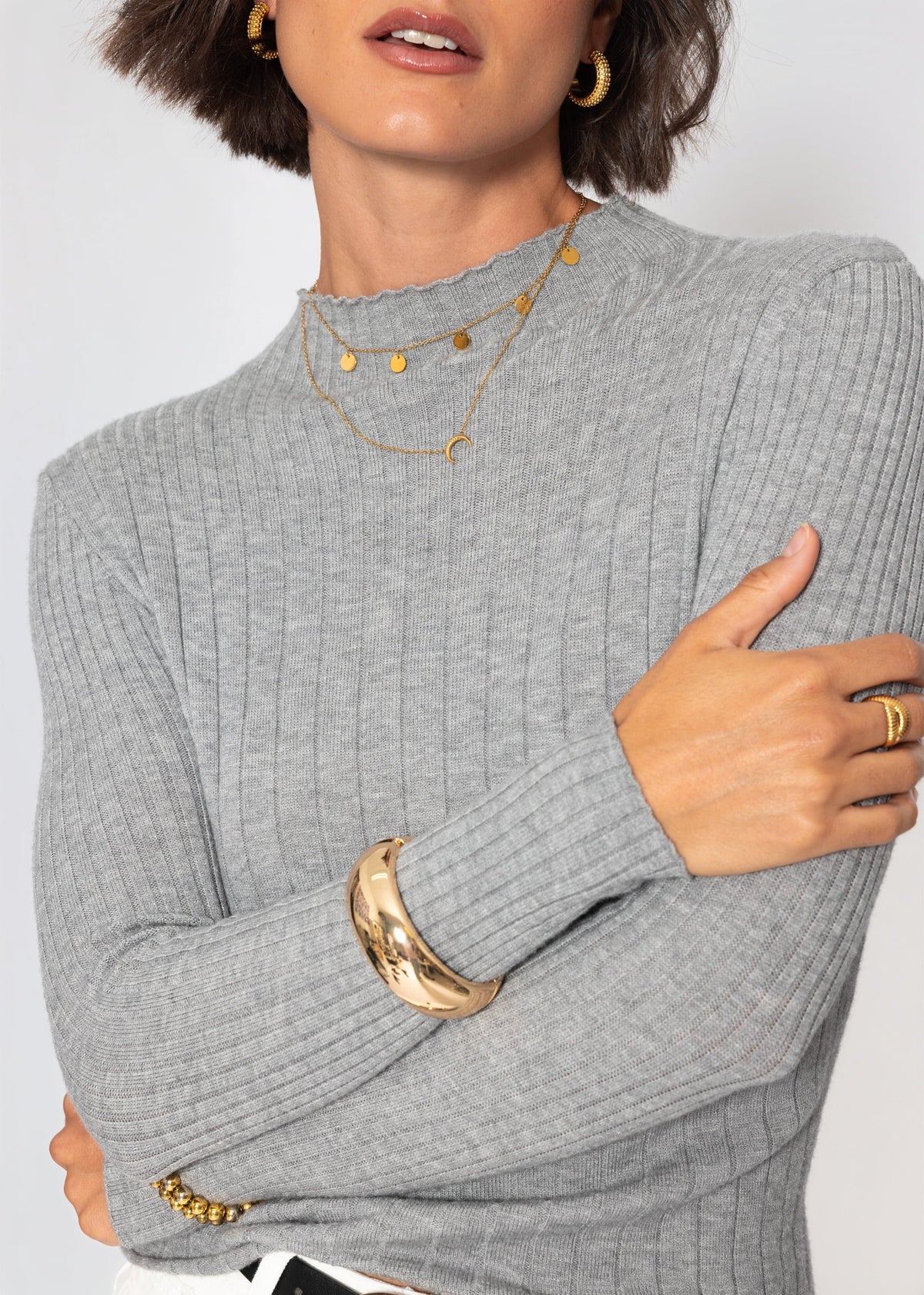 Pull en maille côtelée avec col montant - gris