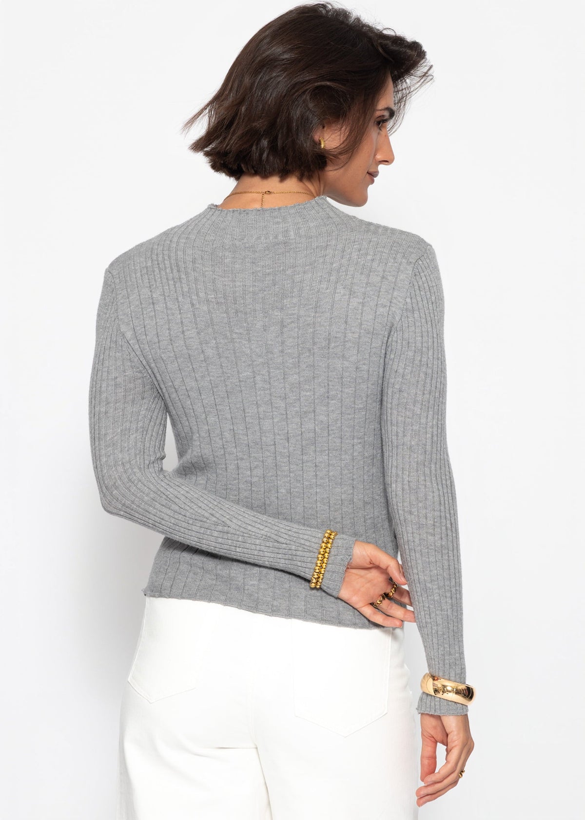 Pull en maille côtelée avec col montant - gris
