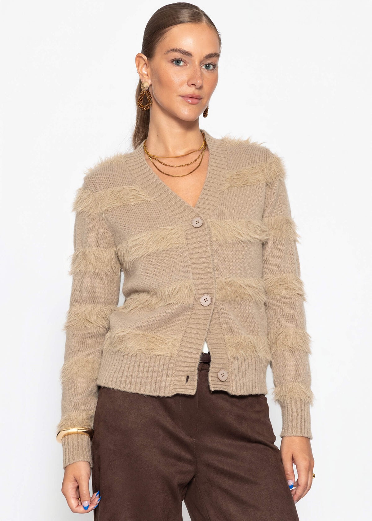 Cardigan avec des rayures duveteuses - taupe