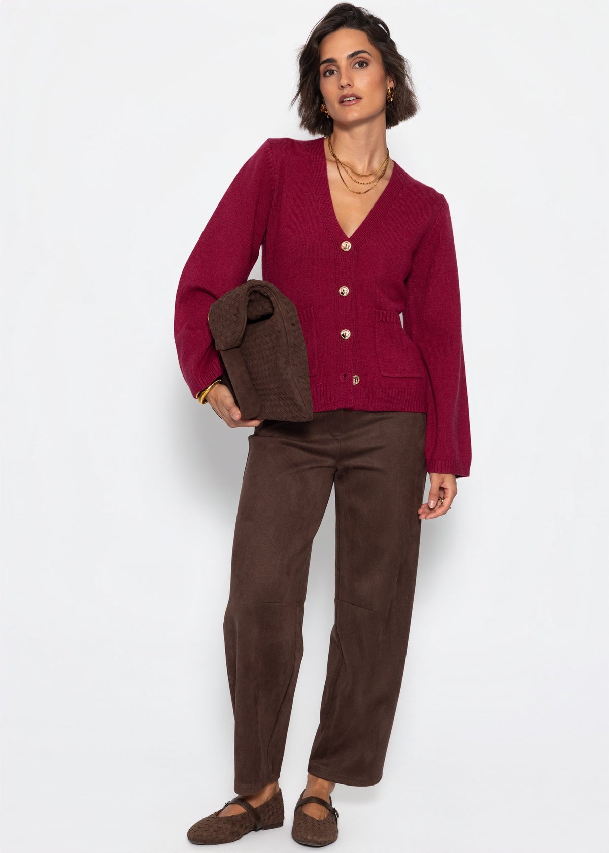 Cardigan à col en V avec boutons dorés - framboise