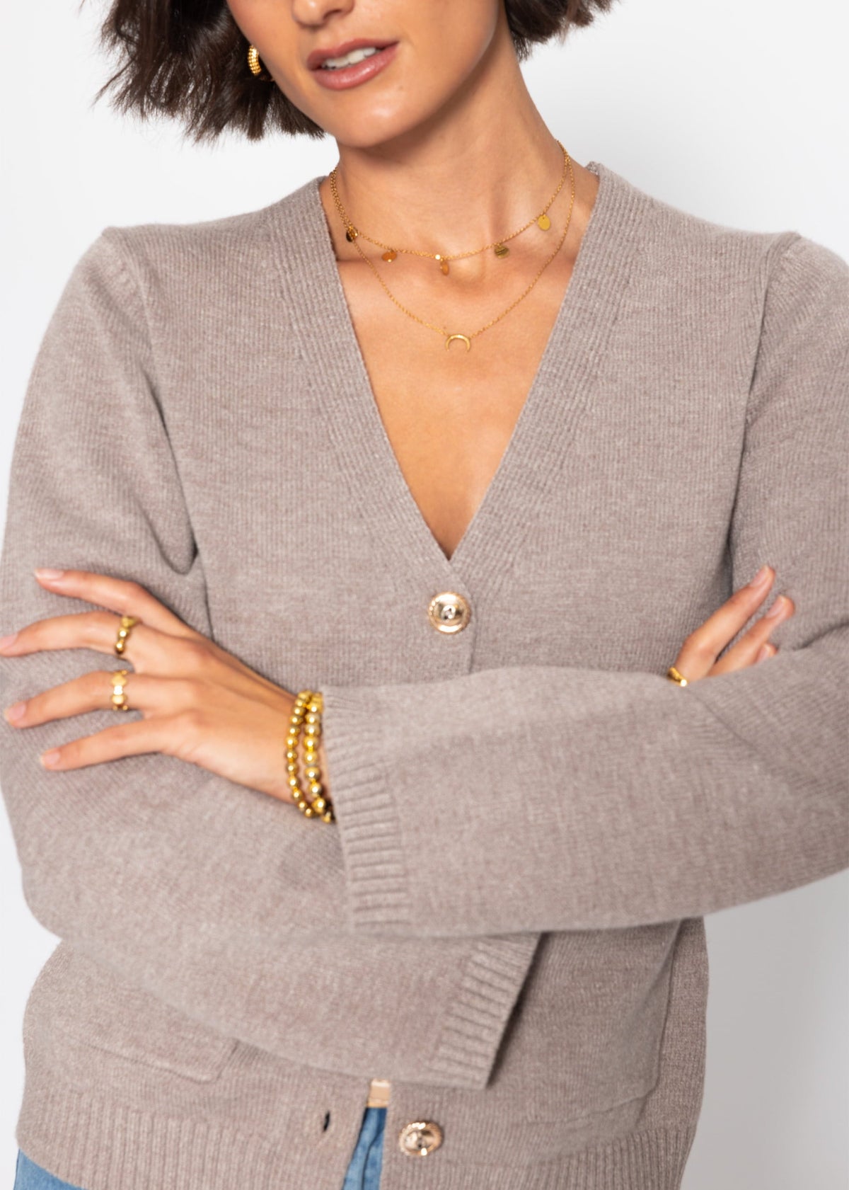 Gilet avec décolleté en V et boutons dorés - taupe