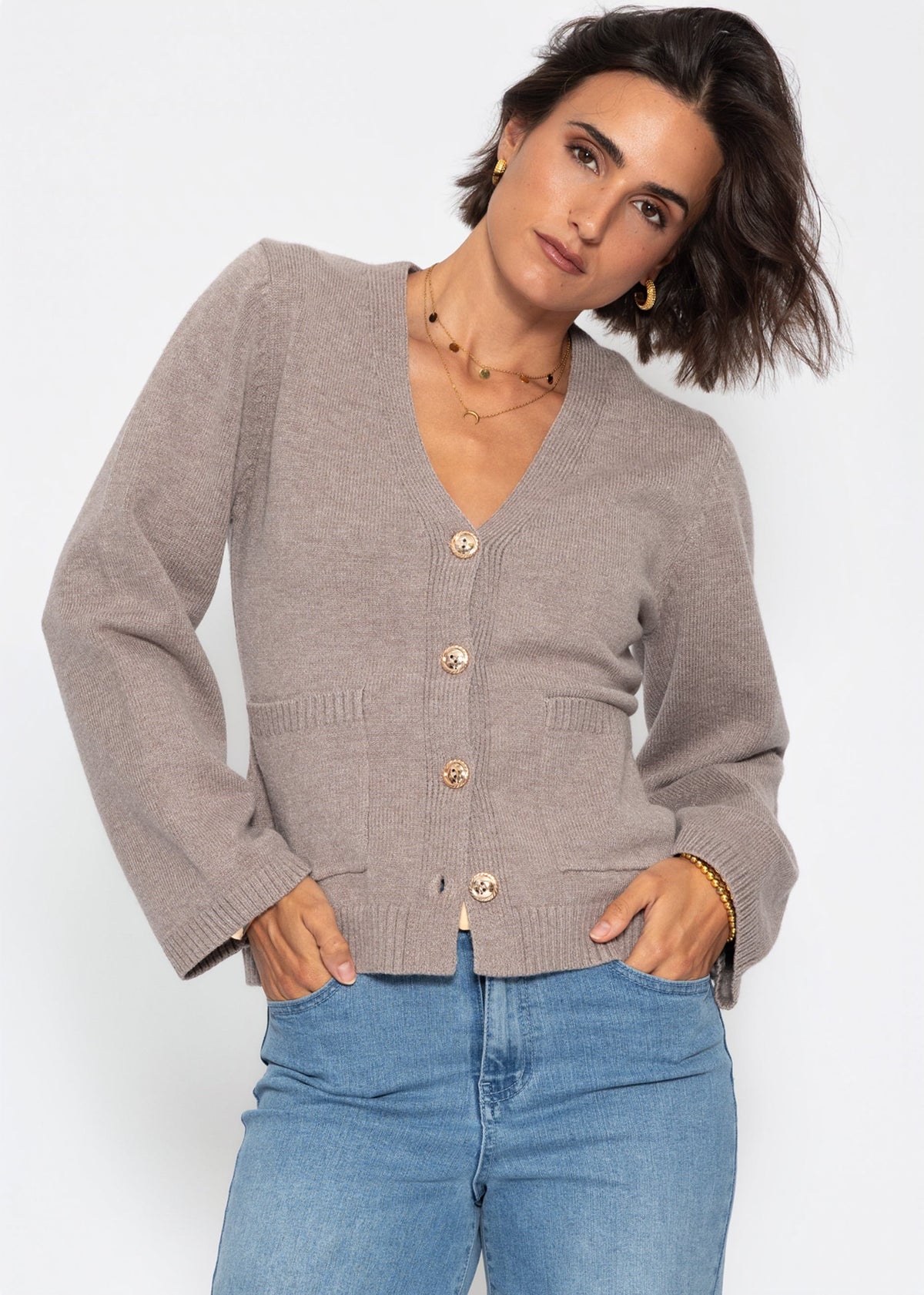 Gilet avec décolleté en V et boutons dorés - taupe