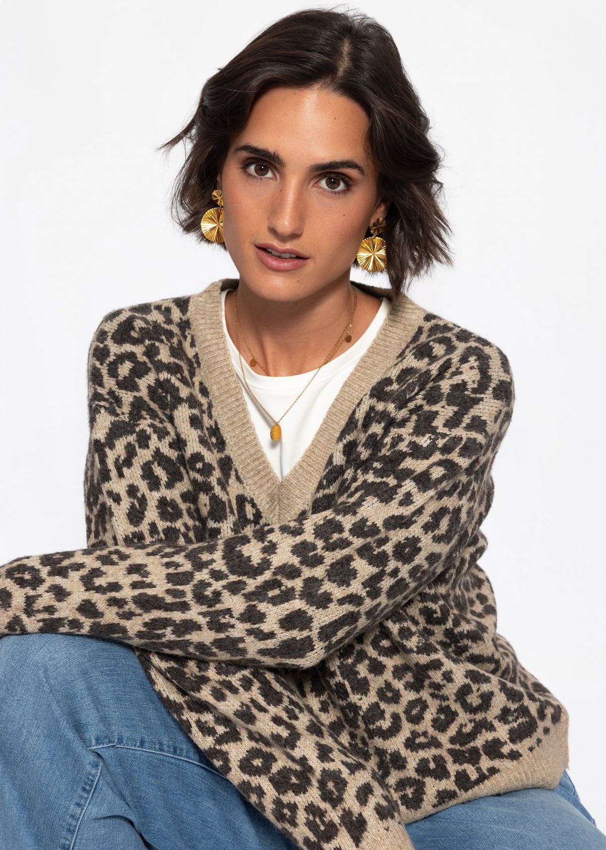 Pull en tricot avec motif léopard - marron-taupe