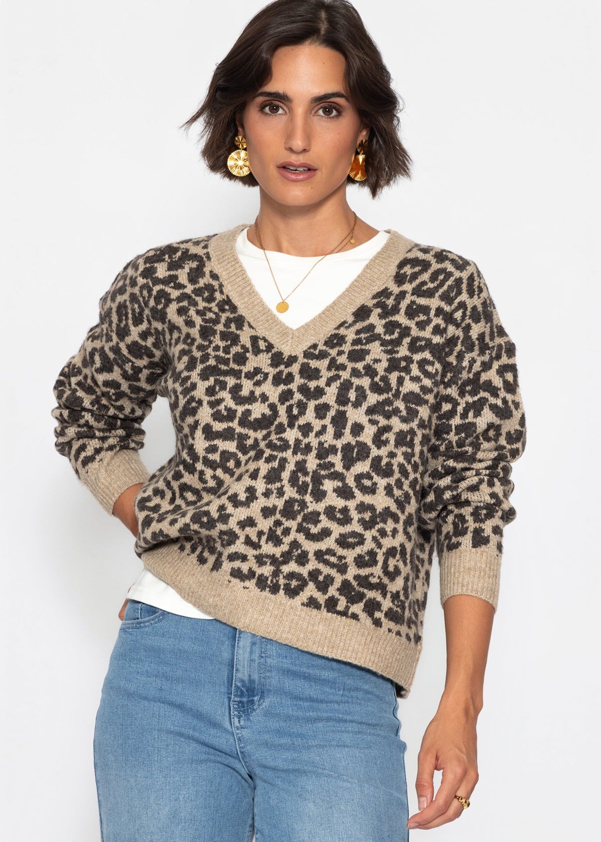 Pull en tricot avec motif léopard - marron-taupe