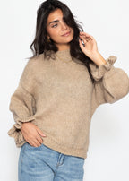 Pull en tricot avec manches à volants - beige