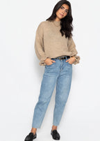 Pull en tricot avec manches à volants - beige