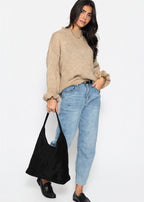 Pull en tricot avec manches à volants - beige