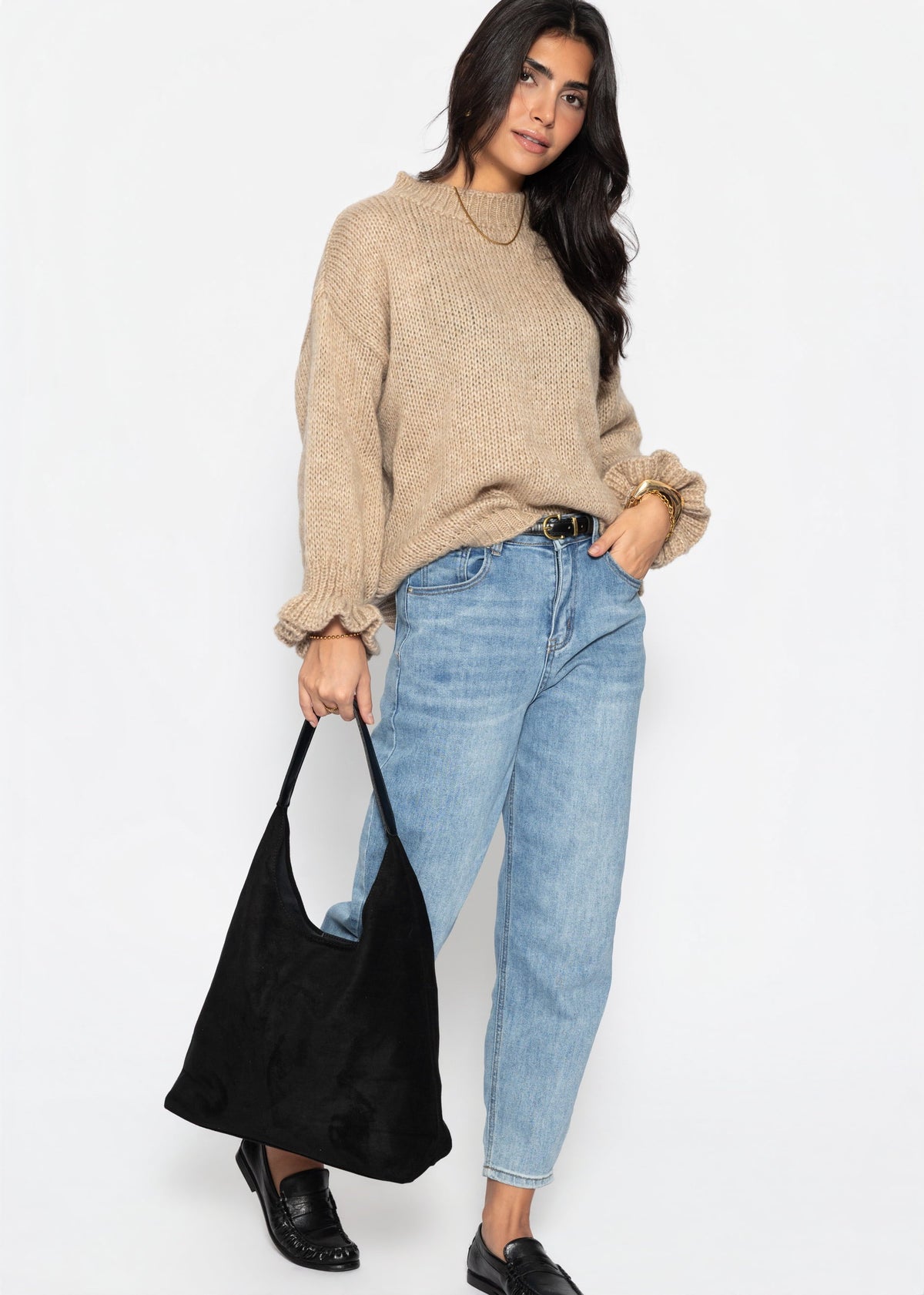 Pull en tricot avec manches à volants - beige