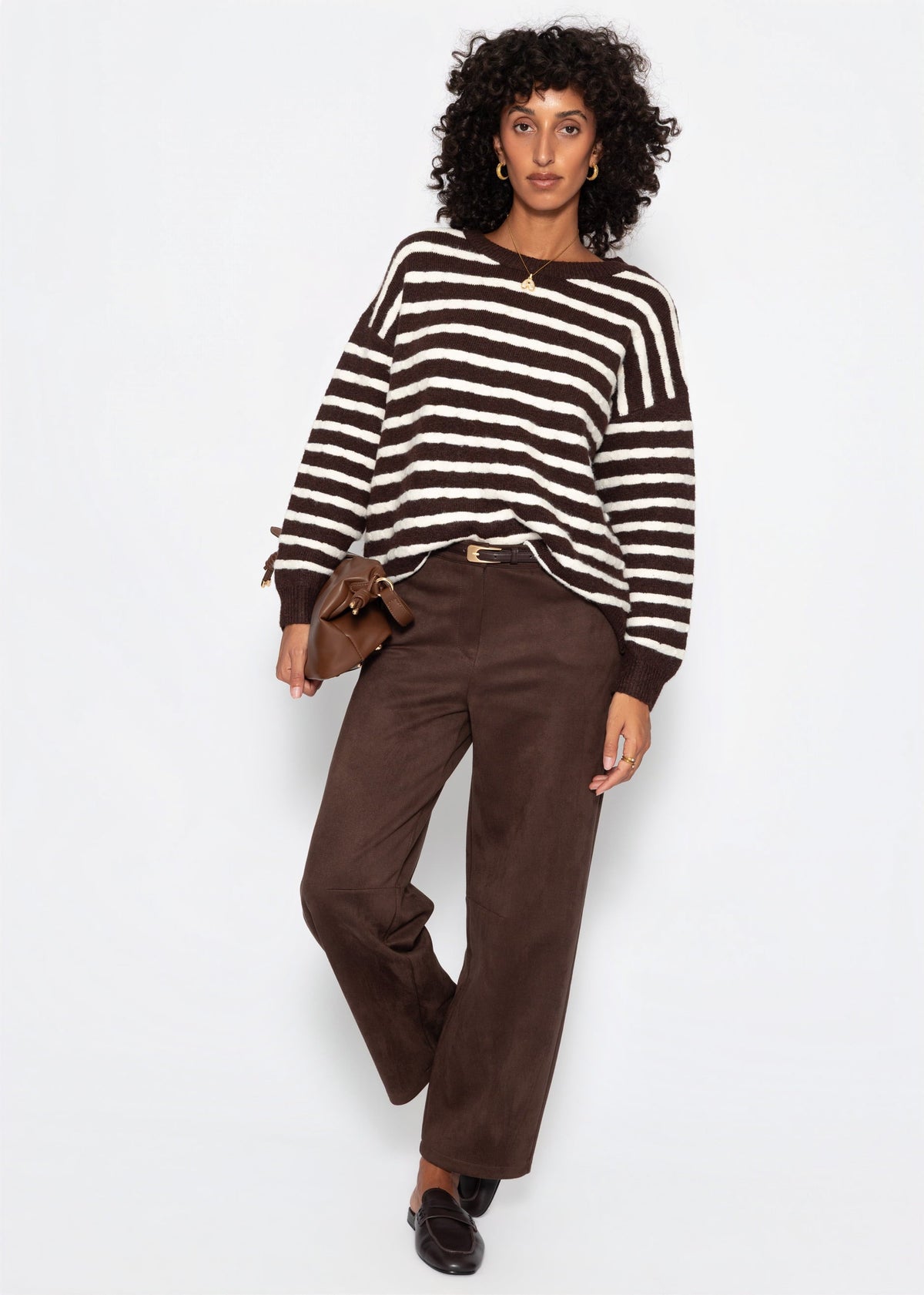 Pull en tricot avec design rayé - marron-blanc cassé
