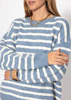 Pull en tricot à rayures - bleu jean-blanc cassé