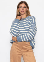 Pull en tricot à rayures - bleu jean-blanc cassé