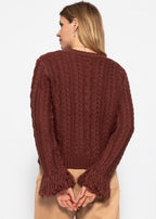 Cardigan en tricot torsadé avec bordure à franges - rouge rouille