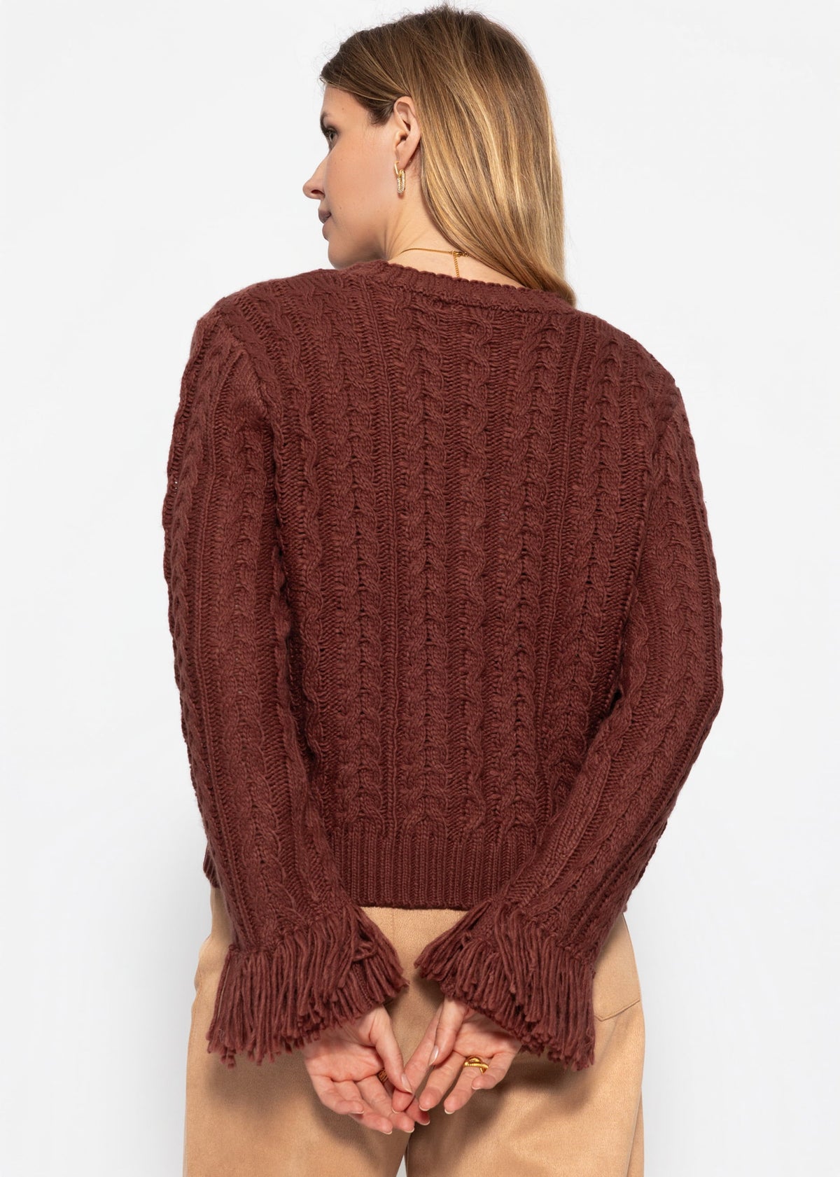 Cardigan en tricot torsadé avec bordure à franges - rouge rouille