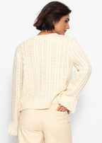 Cardigan en tricot torsadé avec bordures à franges - blanc cassé