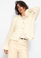Cardigan en tricot torsadé avec bordures à franges - blanc cassé