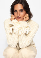 Cardigan en tricot torsadé avec bordures à franges - blanc cassé