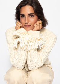 Cardigan en tricot torsadé avec bordures à franges - blanc cassé