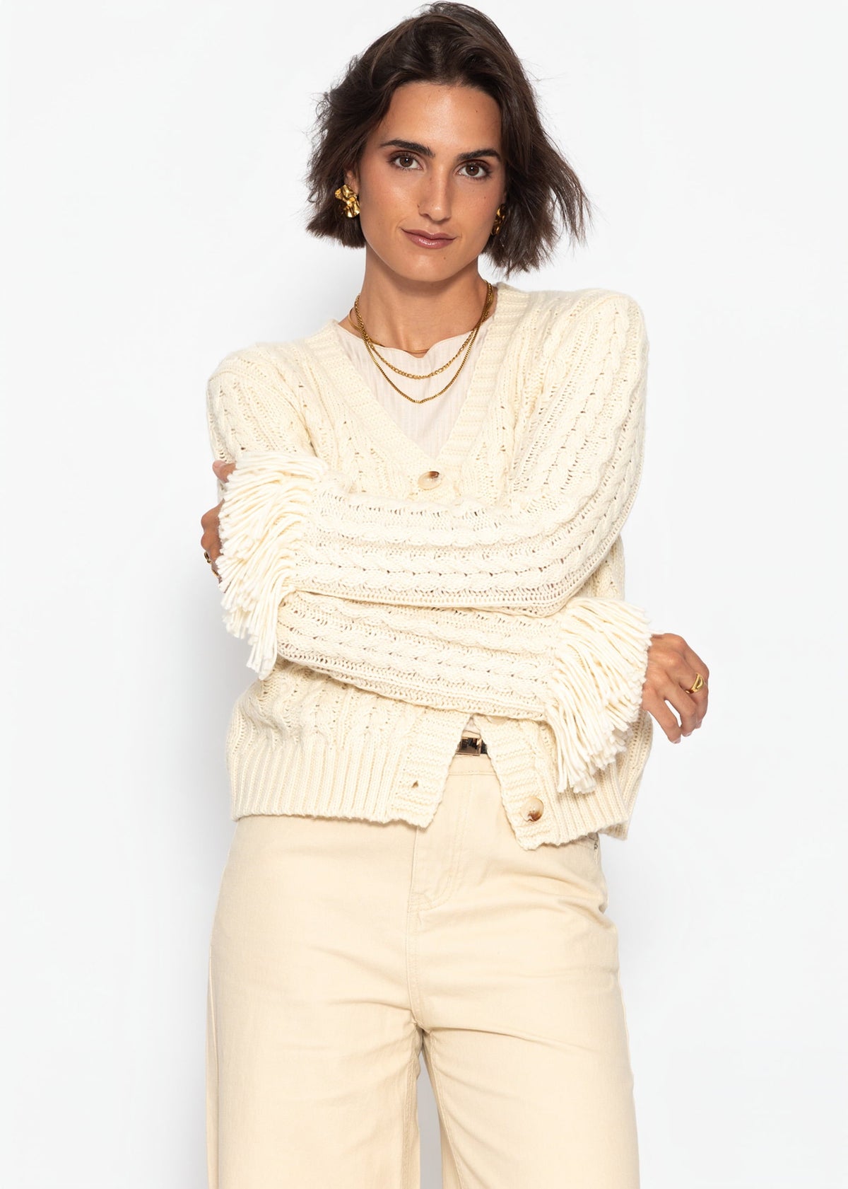 Cardigan en tricot torsadé avec bordures à franges - blanc cassé