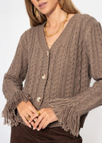 Cardigan en tricot torsadé avec bord frangé - taupe