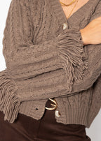 Cardigan en tricot torsadé avec bord frangé - taupe