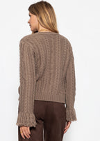 Cardigan en tricot torsadé avec bord frangé - taupe