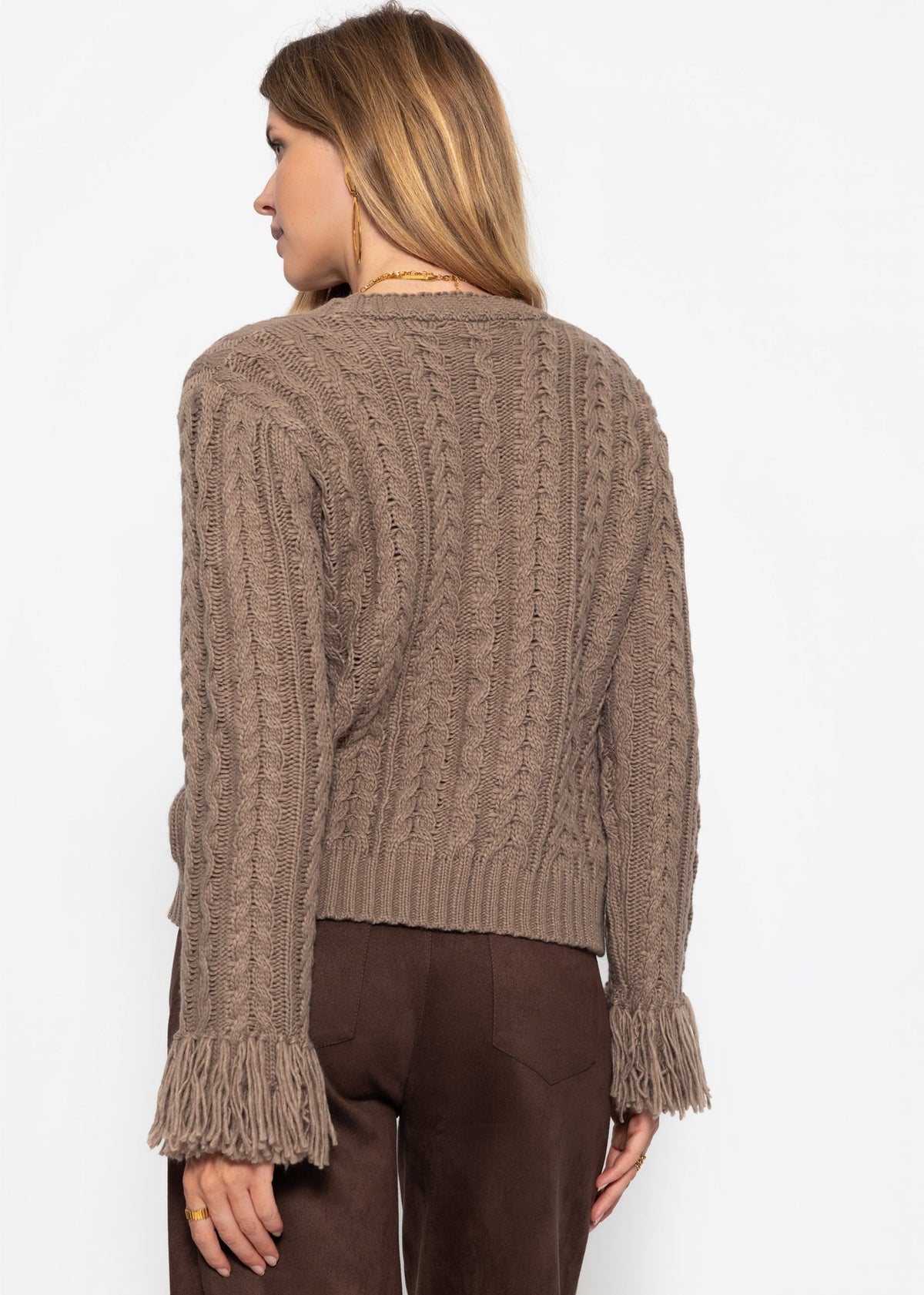 Cardigan en tricot torsadé avec bord frangé - taupe