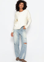 Pull en tricot torsadé avec décolleté en V - blanc cassé